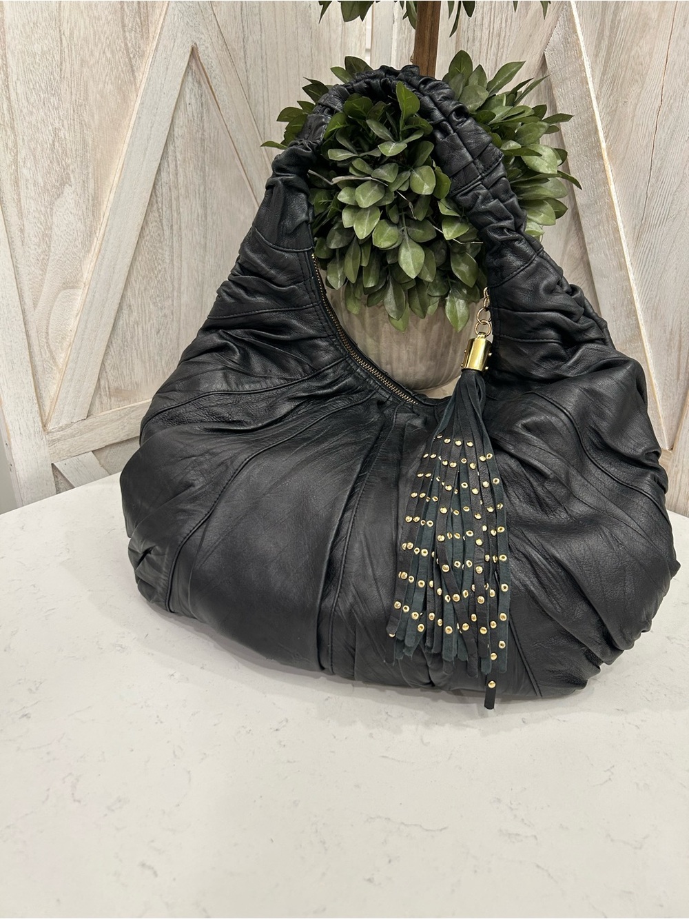 Steve Madden Black Ruched Leather Hobo with Tassel Detail